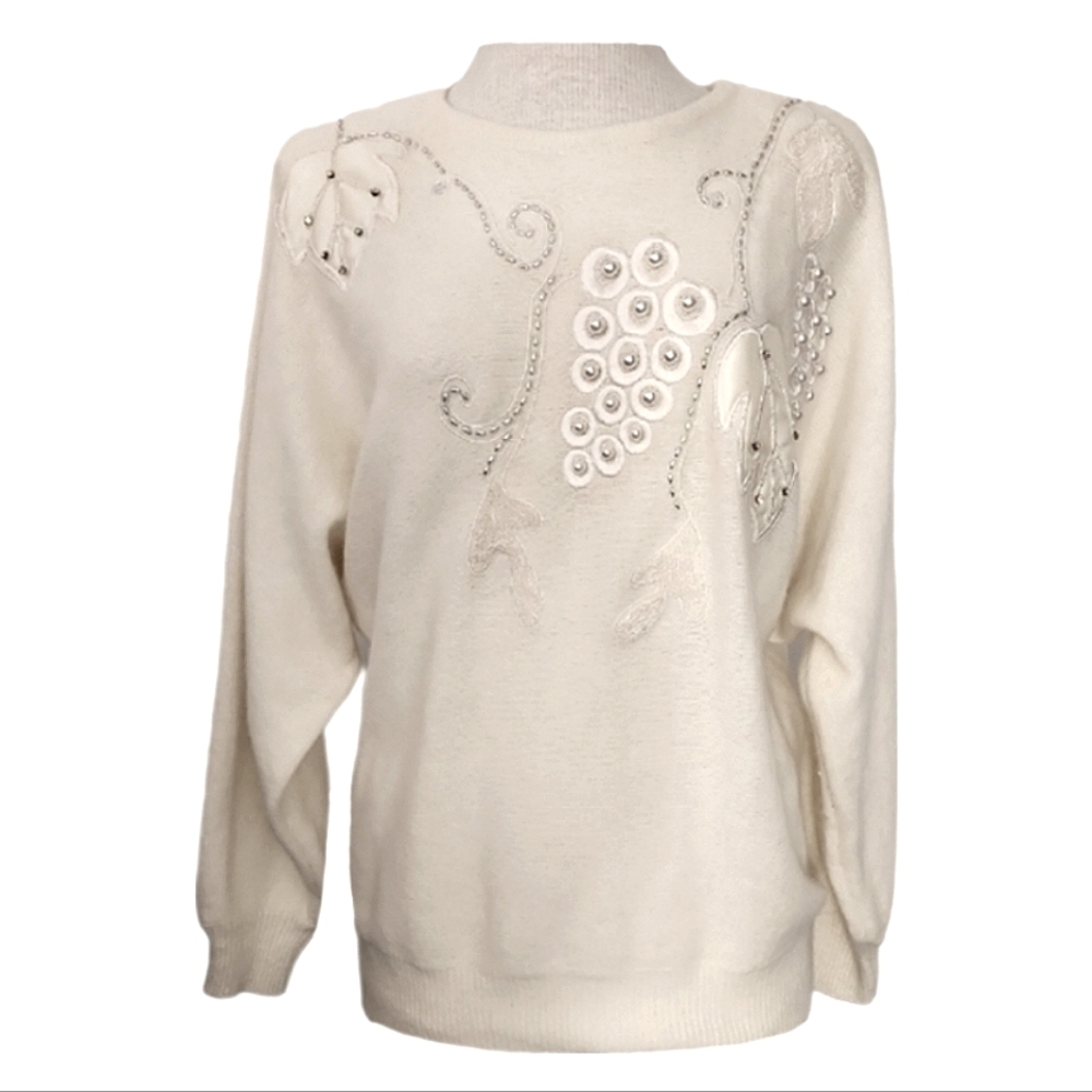 Carducci Sweater 1980s 3D Pearl Beads and Applique Long Sleeves Cream Size Large